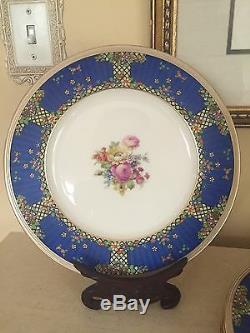 Lenox 1830 Dinner Plates 1930's Enamel Flowers Art Deco Royal Blue Set Of 5