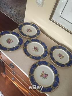 Lenox 1830 Dinner Plates 1930's Enamel Flowers Art Deco Royal Blue Set Of 5