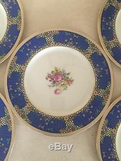 Lenox 1830 Dinner Plates 1930's Enamel Flowers Art Deco Royal Blue Set Of 5