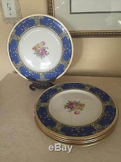 Lenox 1830 Dinner Plates 1930's Enamel Flowers Art Deco Royal Blue Set Of 5