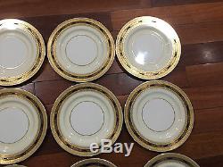 Lenox Porcelain Set of 12 Cobalt Blue & Gold Encrusted Plates 10 1/2