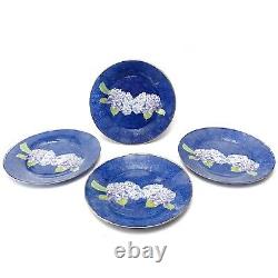 Leslie Linsley Nantucket Hydrangea Decoupage Glass Dinner Plates Set of 4 Signed