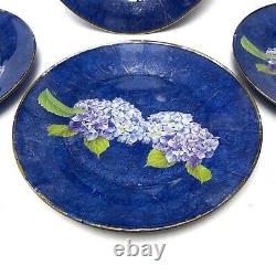 Leslie Linsley Nantucket Hydrangea Decoupage Glass Dinner Plates Set of 4 Signed