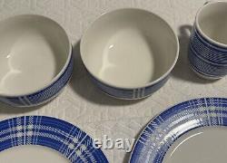 Libbey Tableware Plaid Dinner Plates Bowls Coffee Cups Blue & White Micro Safe