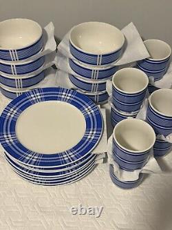Libbey Tableware Plaid Dinner Plates Bowls Coffee Cups Blue & White Micro Safe