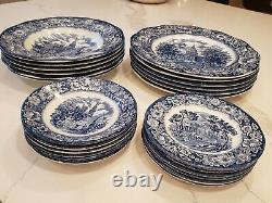 Liberty Blue Staffordshire Dinner & Dessert Plates & Bowls Monticello 24 pc Set