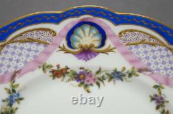 Limoges Lerosey Hand Painted Floral Shells Pink Ribbon Blue Gold 9 3/4 Plate D