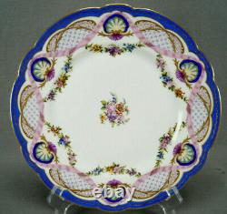 Limoges Lerosey Hand Painted Floral Shells Pink Ribbon Blue Gold 9 3/4 Plate E