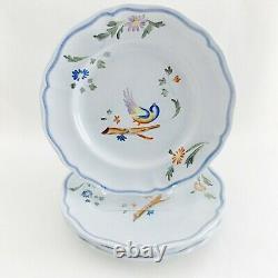 Longchamp Perouges France Four Dinner Plates 10 Hand Painted Birds Multicolor