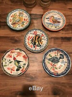 Lot Of 5 Nathalie Lete Dinner Plates Sandpiper Blue Humming Bird Owl Angel Fish