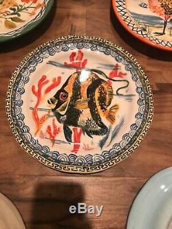 Lot Of 5 Nathalie Lete Dinner Plates Sandpiper Blue Humming Bird Owl Angel Fish