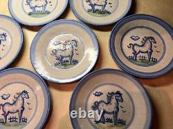 M A Hadley Horse Equestrian Blue Pottery Stoneware Plate Set Lot Of 9 Vintage