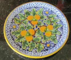 Mexican Talavera Dinner Plate Lemons Blue Flowers Yellow Rim La Corona Pottery
