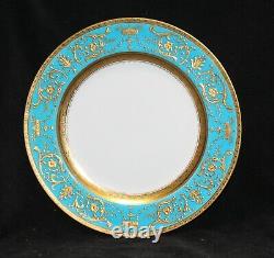 Minton Set Of 8 Turquoise & Raised Gilt Encrusted Dinner Plates