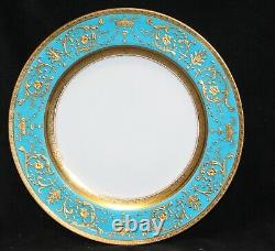 Minton Set Of 8 Turquoise & Raised Gilt Encrusted Dinner Plates