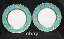 Minton Set Of 8 Turquoise & Raised Gilt Encrusted Dinner Plates