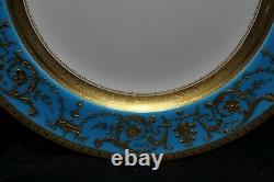 Minton Set Of 8 Turquoise & Raised Gilt Encrusted Dinner Plates