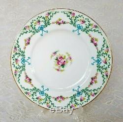 Mintons Dinner Plates Set of 9 Hand Decorated H1751 Pink Roses Blue Bows Rare