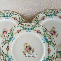 Mintons Dinner Plates Set of 9 Hand Decorated H1751 Pink Roses Blue Bows Rare