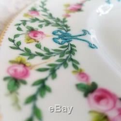 Mintons Dinner Plates Set of 9 Hand Decorated H1751 Pink Roses Blue Bows Rare