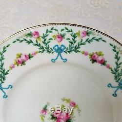 Mintons Dinner Plates Set of 9 Hand Decorated H1751 Pink Roses Blue Bows Rare