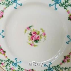 Mintons Dinner Plates Set of 9 Hand Decorated H1751 Pink Roses Blue Bows Rare