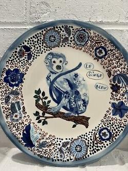 NEW! ANTHROPOLOGIE Nathalie Lete Blue Monkey Collector 10 Dinner Plate Set Of 2