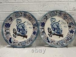 NEW! ANTHROPOLOGIE Nathalie Lete Blue Monkey Collector 10 Dinner Plate Set Of 2