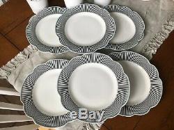NEW! Grace's Teaware 6 Dinner Plates GRAY STRIPES BLUE RIM WHITE DOTS SCALLOPED