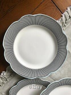 NEW! Grace's Teaware 6 Dinner Plates GRAY STRIPES BLUE RIM WHITE DOTS SCALLOPED