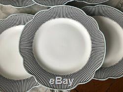 NEW! Grace's Teaware 6 Dinner Plates GRAY STRIPES BLUE RIM WHITE DOTS SCALLOPED