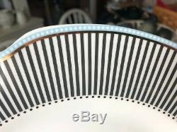 NEW! Grace's Teaware 6 Dinner Plates GRAY STRIPES BLUE RIM WHITE DOTS SCALLOPED