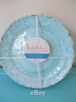 NEW Nicole Miller MELAMINE Salad Dinner Bowl Plate Set 12 Round Tableware Blue