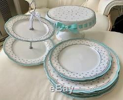 New Grace Teaware Turquoise Polka Dots Cake Dessert Stand Lunch Dinner Plates