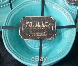 New IL Mulino 12 pc Melamine Dinner Salad Plate Bowl Aqua Blue Set Hob Nail