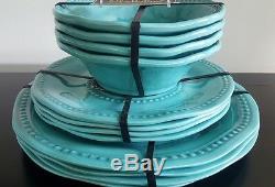 New IL Mulino 12 pc Melamine Dinner Salad Plate Bowl Aqua Blue Set Hob Nail