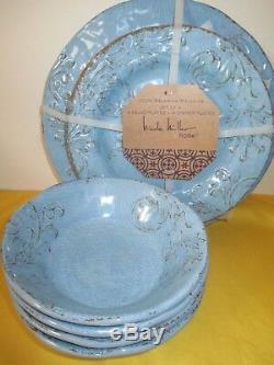 Nicole Miller Set 12 Blue Bowl Salad Dinner Plate Melamine Scroll Crackle Rustic