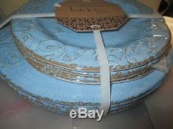 Nicole Miller Set 12 Blue Bowl Salad Dinner Plate Melamine Scroll Crackle Rustic