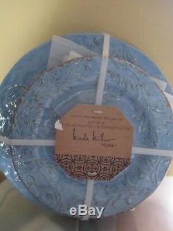 Nicole Miller Set 12 Blue Bowl Salad Dinner Plate Melamine Scroll Crackle Rustic