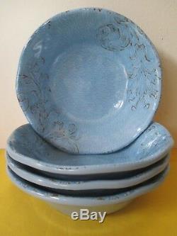 Nicole Miller Set 12 Blue Bowl Salad Dinner Plate Melamine Scroll Crackle Rustic