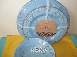 Nicole Miller Set 12 Blue Bowl Salad Dinner Plate Melamine Scroll Crackle Rustic