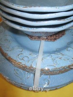 Nicole Miller Set 12 Blue Bowl Salad Dinner Plate Melamine Scroll Crackle Rustic