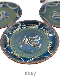 Norwegian Pottery hand painted Redware Plates Set of 4, Signed, blue home decor