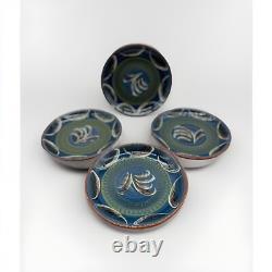 Norwegian Pottery hand painted Redware Plates Set of 4, Signed, blue home decor
