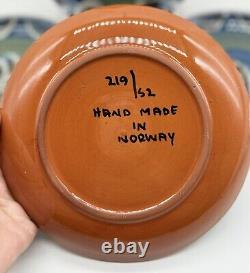 Norwegian Pottery hand painted Redware Plates Set of 4, Signed, blue home decor