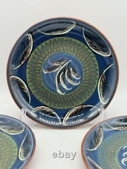Norwegian Pottery hand painted Redware Plates Set of 4, Signed, blue home decor