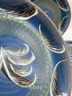 Norwegian Pottery hand painted Redware Plates Set of 4, Signed, blue home decor
