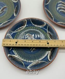 Norwegian Pottery hand painted Redware Plates Set of 4, Signed, blue home decor