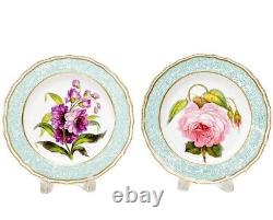 Pair Royal Crown Derby Porcelain Botanical 9.75 in Plates c1820 Blue Enamel