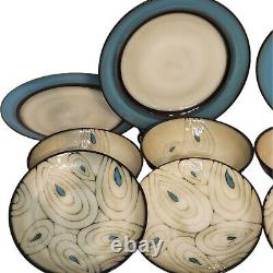 Pier 1 Teal Reactive Peacock Stoneware 12 of 4 each Bowl, Salad and Dinner Plate